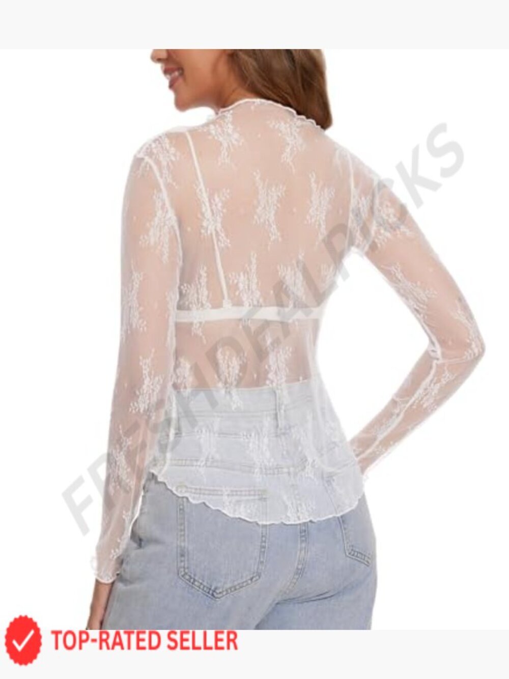 Lace Mesh Long Sleeve Top Sheer Floral Mock Neck Blouse Party Night Out - Picture 4 of 7